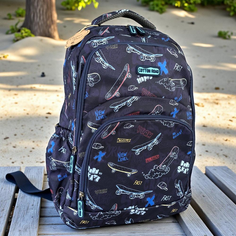 Cotton Road Backpack: BLUE Canvas Backpack with SKATEBOARD Design