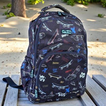 Cotton Road Backpack: BLUE Canvas Backpack with SKATEBOARD Design