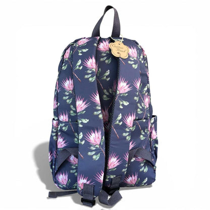 Cotton Road Backpack: BLUE FLORAL Canvas Backpack with PROTEAS