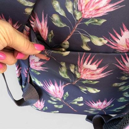 Cotton Road Backpack: BLUE FLORAL Canvas Backpack with PROTEAS