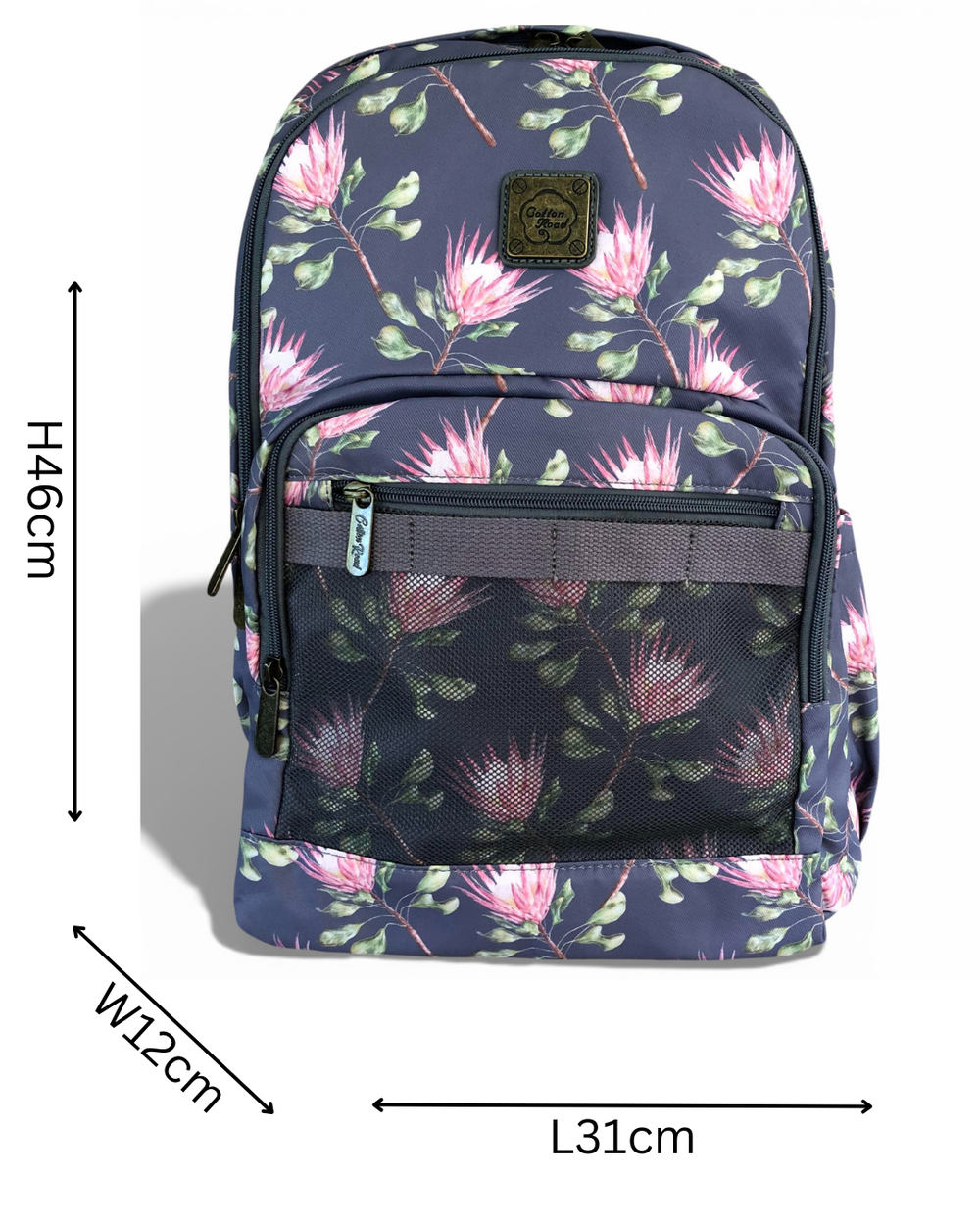Cotton Road Backpack: BLUE FLORAL Canvas Backpack with PROTEAS