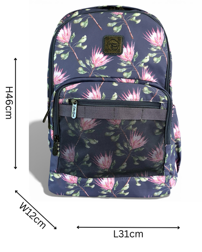 Cotton Road Backpack: BLUE FLORAL Canvas Backpack with PROTEAS