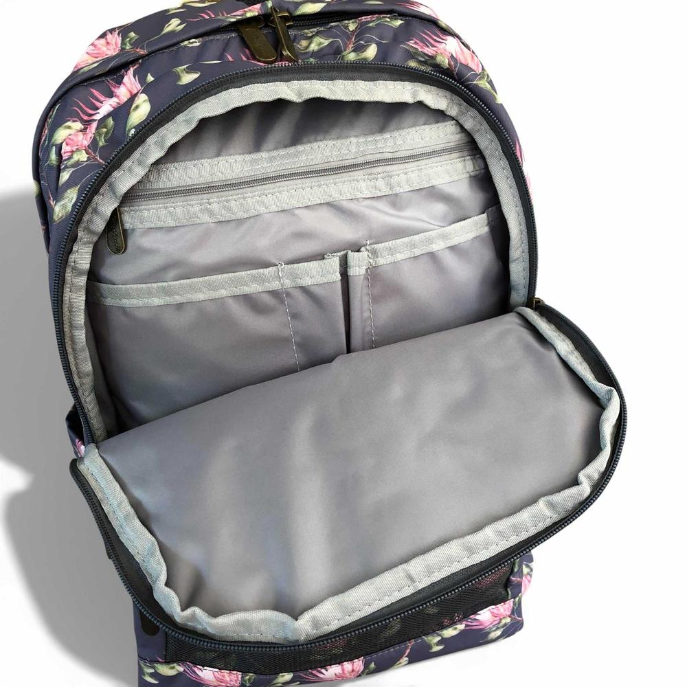 Cotton Road Backpack: BLUE FLORAL Canvas Backpack with PROTEAS