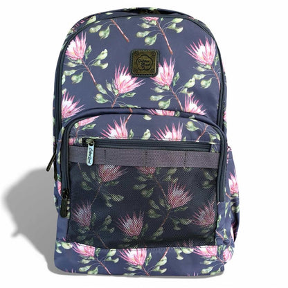 Cotton Road Backpack: BLUE FLORAL Canvas Backpack with PROTEAS