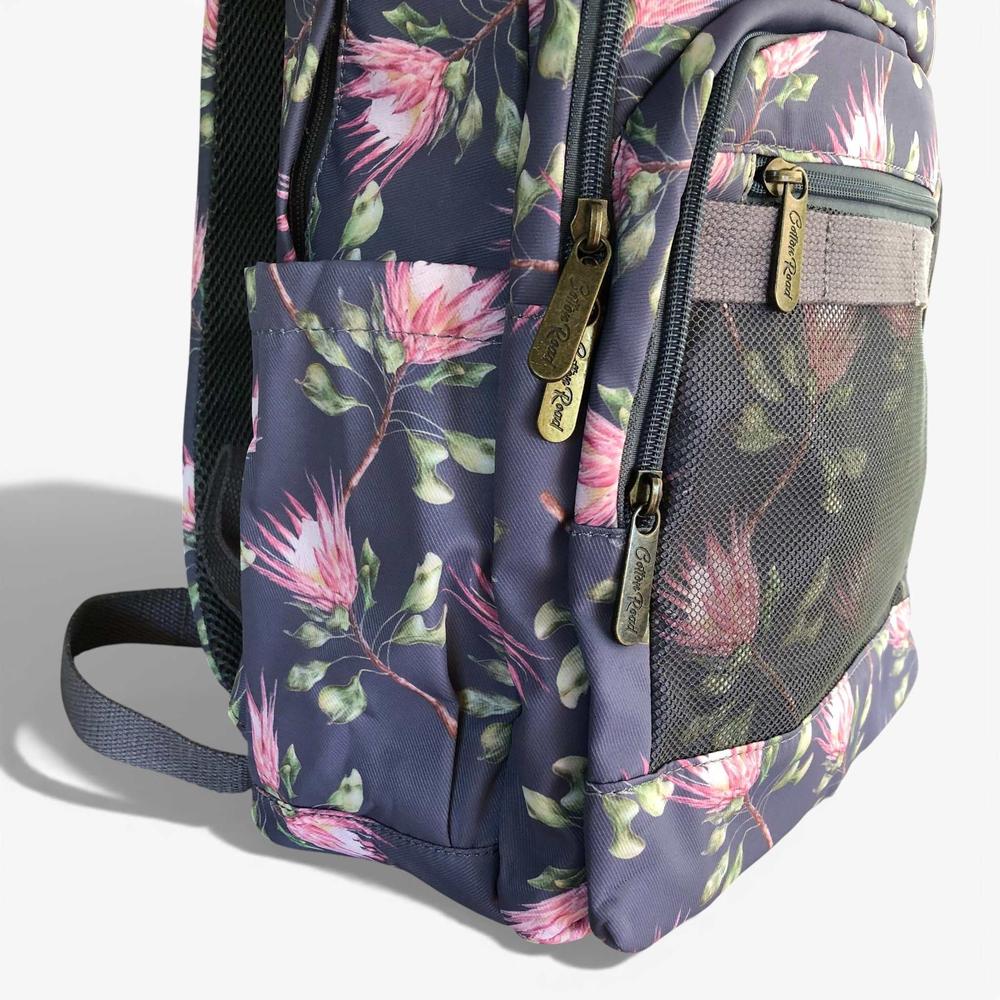 Cotton Road Backpack: BLUE FLORAL Canvas Backpack with PROTEAS