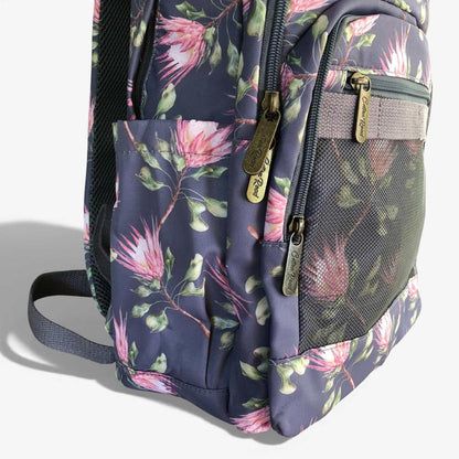 Cotton Road Backpack: BLUE FLORAL Canvas Backpack with PROTEAS