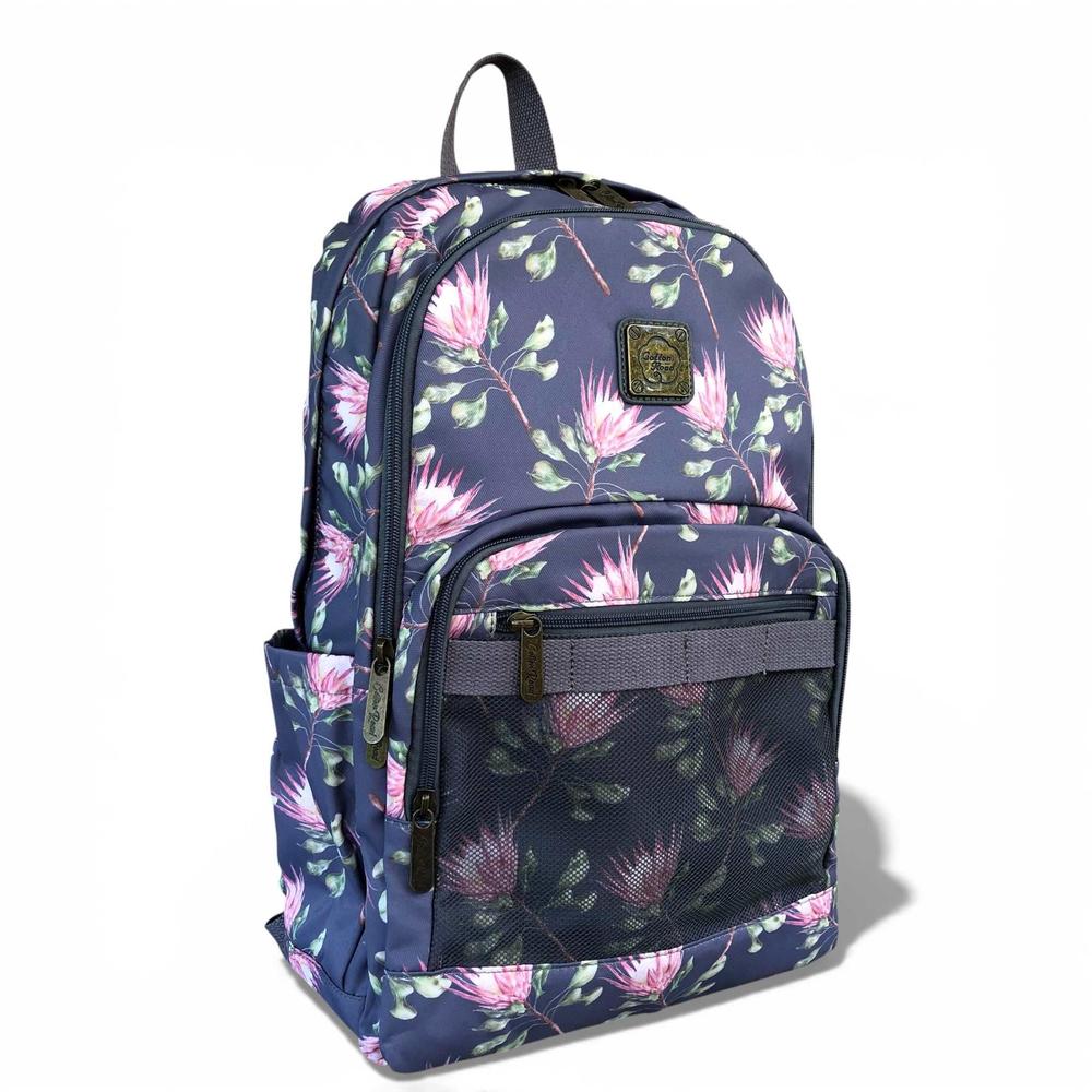 Cotton Road Backpack: BLUE FLORAL Canvas Backpack with PROTEAS