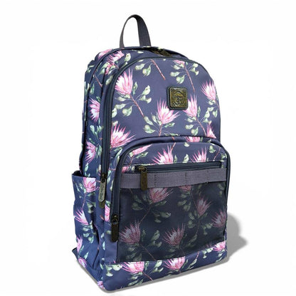 Cotton Road Backpack: BLUE FLORAL Canvas Backpack with PROTEAS