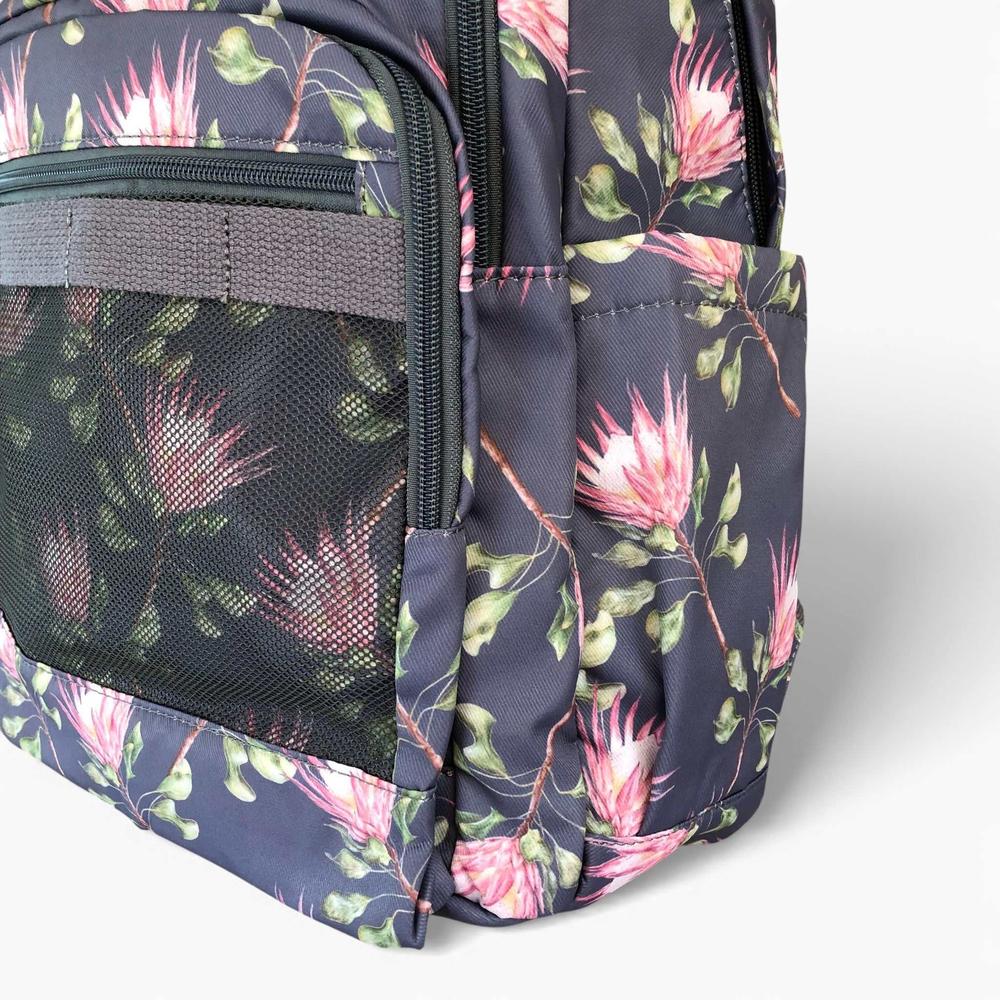 Cotton Road Backpack: BLUE FLORAL Canvas Backpack with PROTEAS