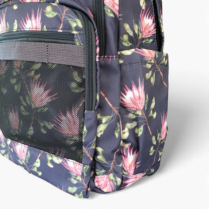 Cotton Road Backpack: BLUE FLORAL Canvas Backpack with PROTEAS