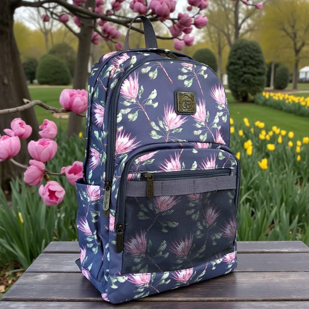 Cotton Road Backpack: BLUE FLORAL Canvas Backpack with PROTEAS