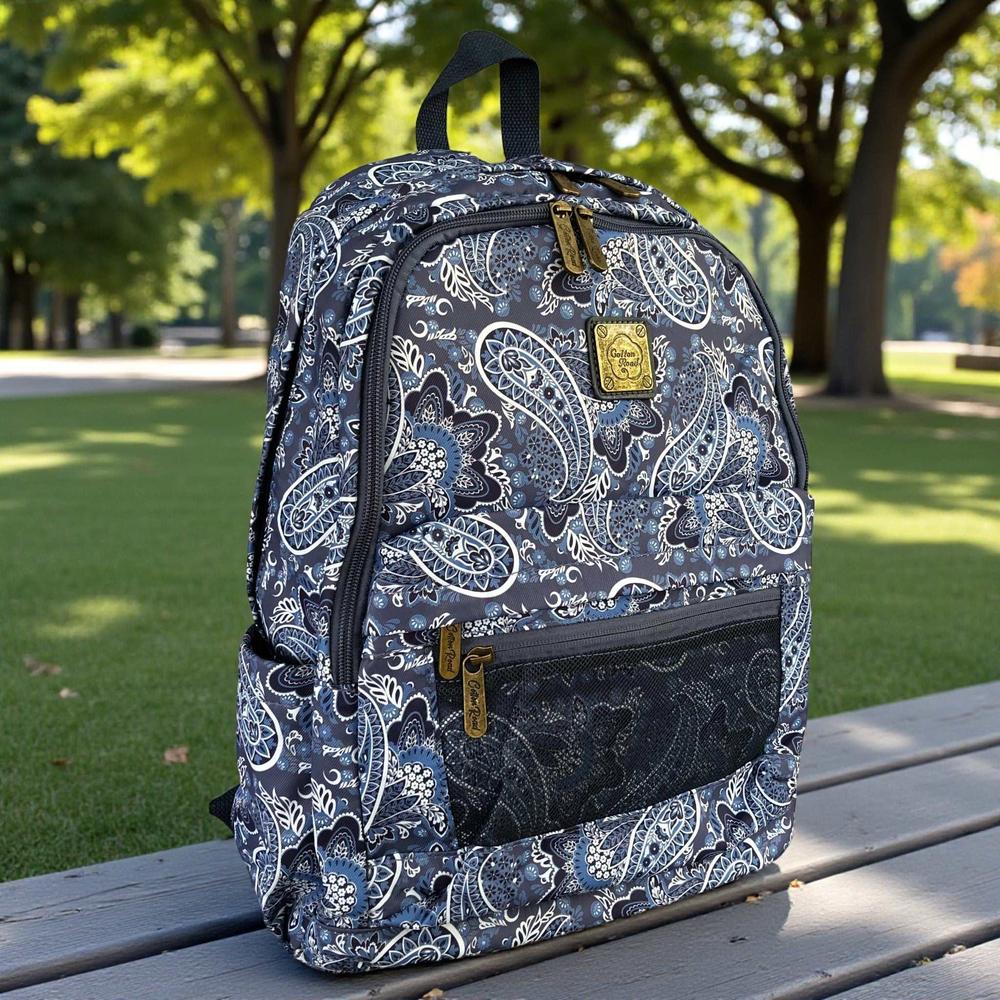 Cotton Road Backpack: BLUE PAISLEY Padded Canvas Backpack for 15'6" Laptop in garden