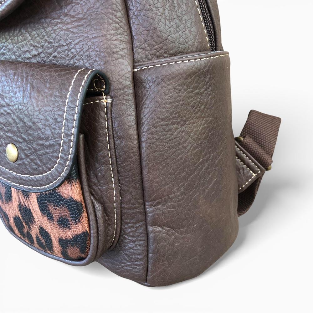 Cotton Road Backpack: BROWN PU Leather Backpack with ANIMAL Print detailing