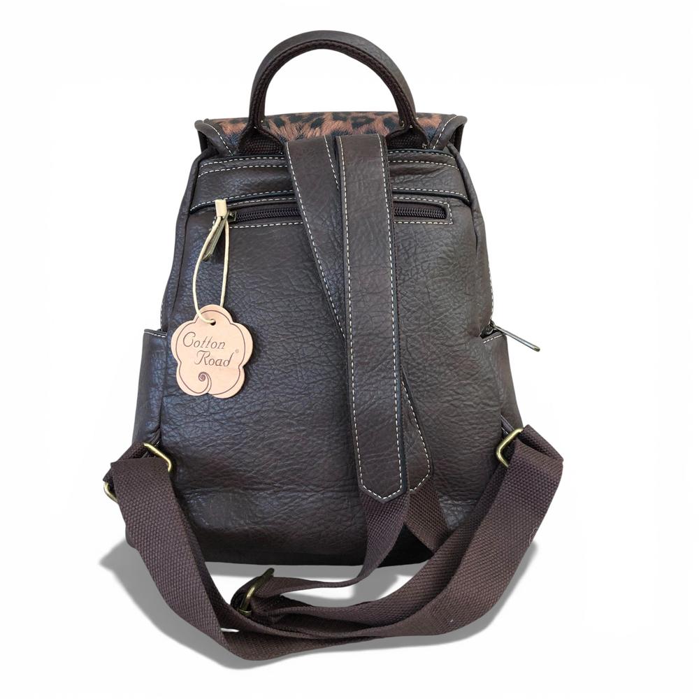 Cotton Road Backpack: BROWN PU Leather Backpack with ANIMAL Print detailing back view 