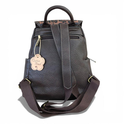 Cotton Road Backpack: BROWN PU Leather Backpack with ANIMAL Print detailing back view 