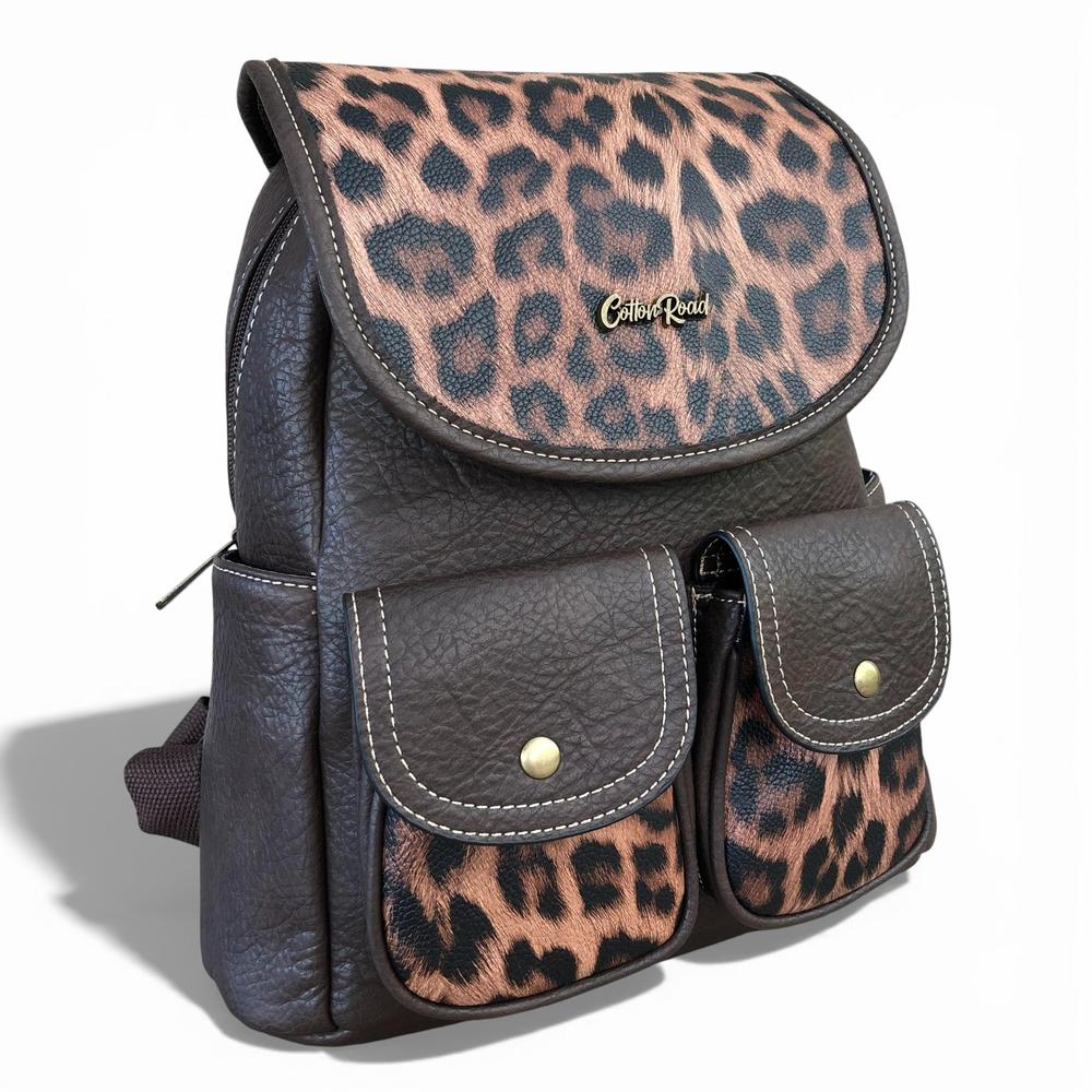 Cotton Road Backpack: BROWN PU Leather Backpack with ANIMAL Print detailing on white background