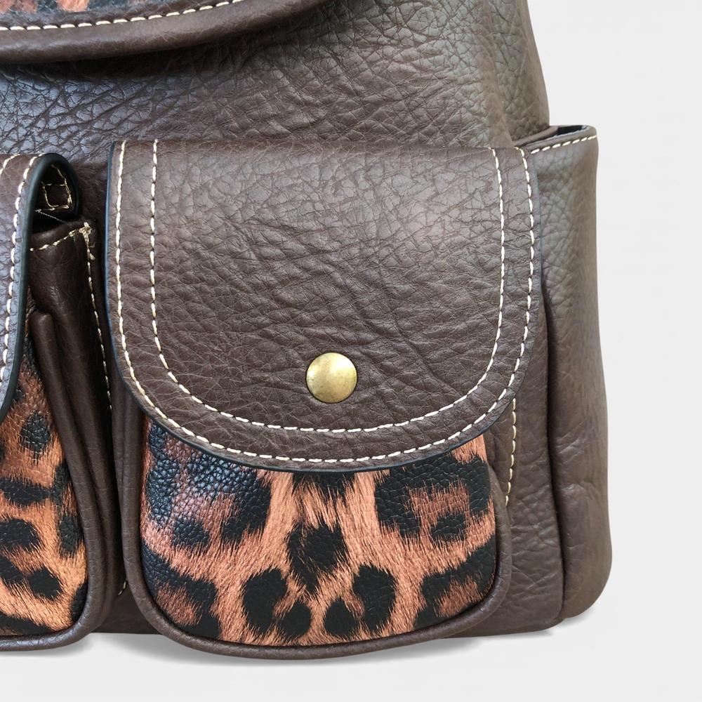 Cotton Road Backpack: BROWN PU Leather Backpack with ANIMAL Print detailing front pocket view