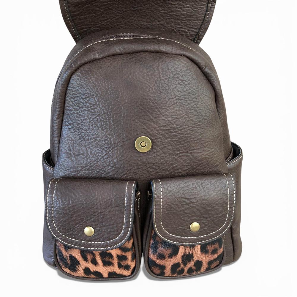 Cotton Road Backpack: BROWN PU Leather Backpack with ANIMAL Print detailing front view open lid
