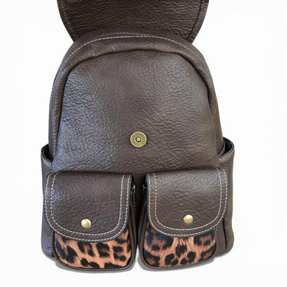 Cotton Road Backpack: BROWN PU Leather Backpack with ANIMAL Print detailing front view open lid