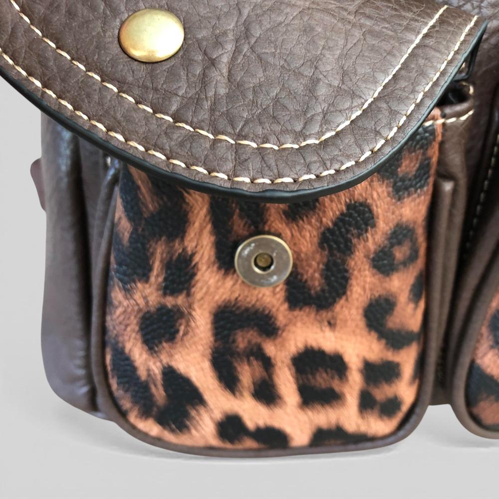 Cotton Road Backpack: BROWN PU Leather Backpack with ANIMAL Print detailing front lock clip view