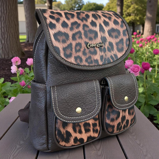 Cotton Road Backpack: BROWN PU Leather Backpack with ANIMAL Print detailing multple pockets We Sell bags