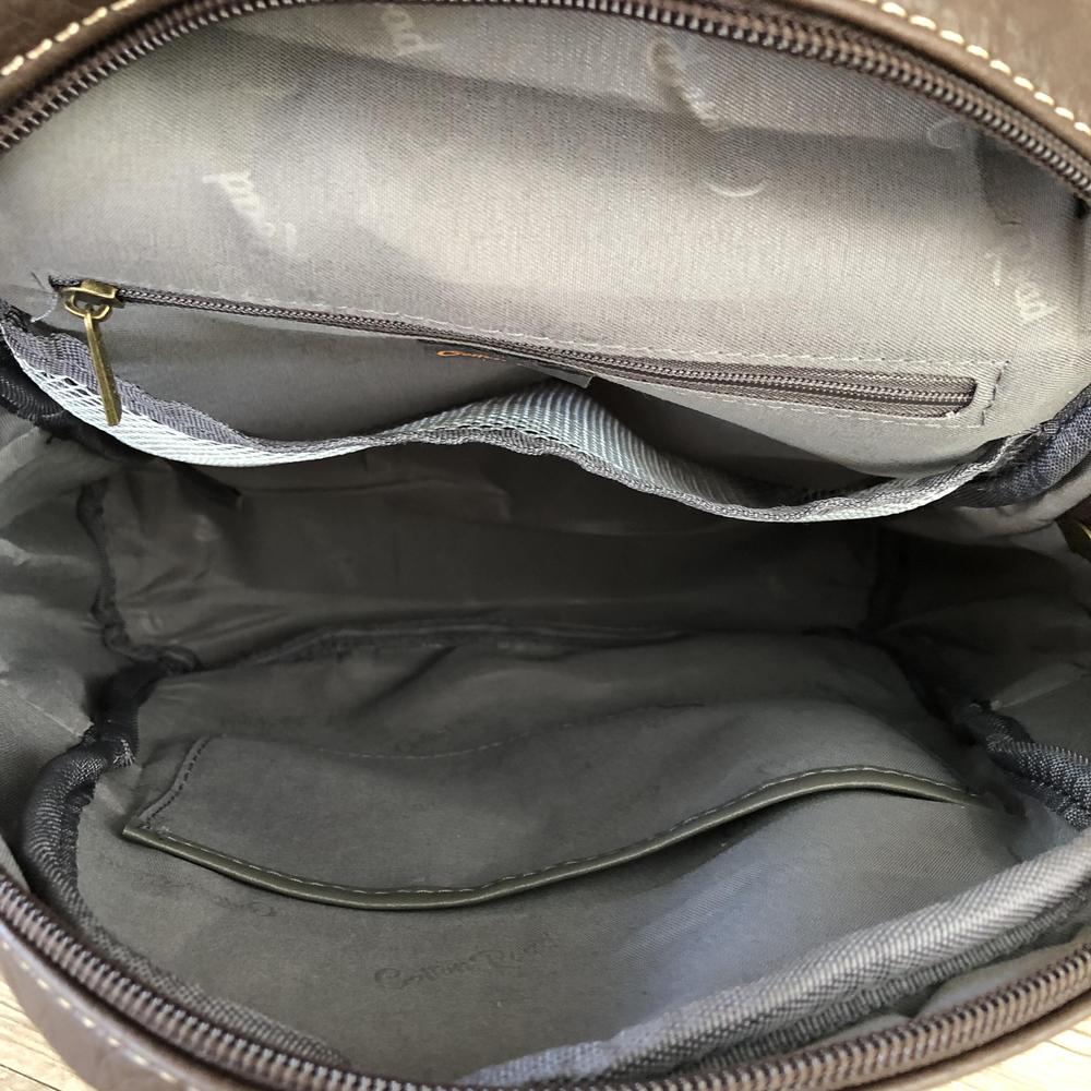 Cotton Road Backpack: BROWN PU Leather Backpack with ANIMAL Print detailing open view