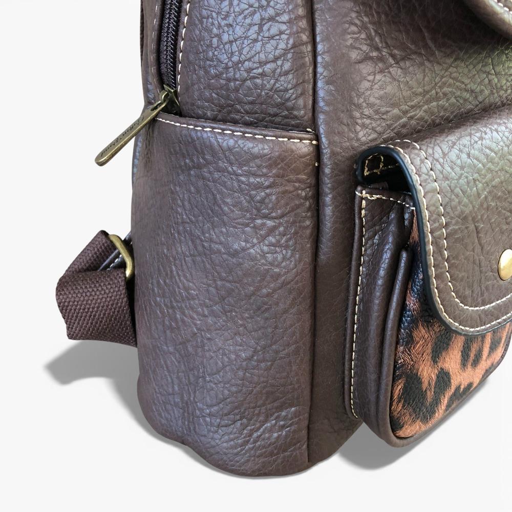 Cotton Road Backpack: BROWN PU Leather Backpack with ANIMAL Print detailing side view