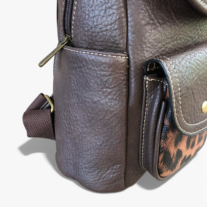 Cotton Road Backpack: BROWN PU Leather Backpack with ANIMAL Print detailing side view