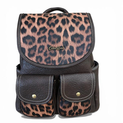 Cotton Road Backpack: BROWN PU Leather Backpack with ANIMAL Print detailing on white background