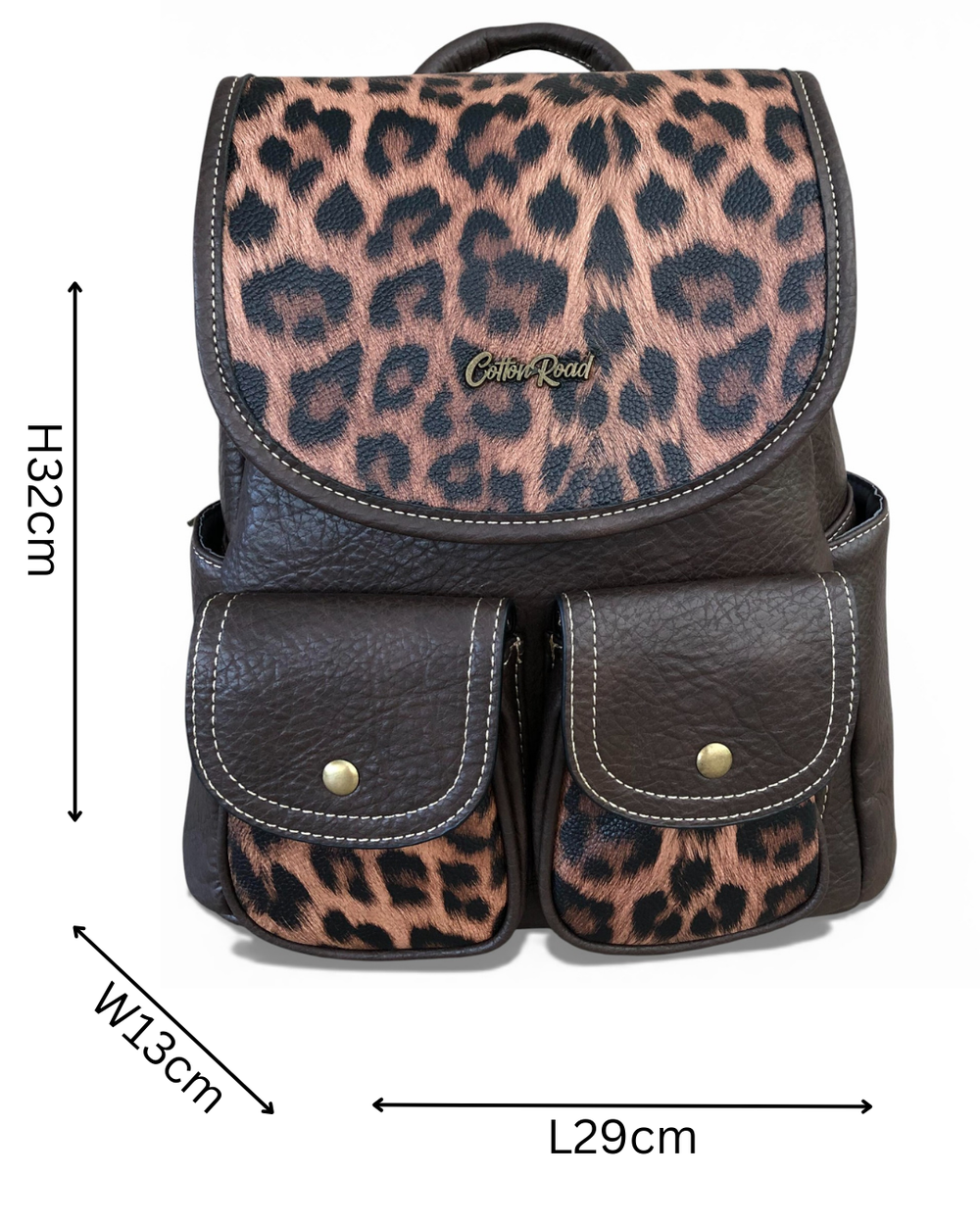 Cotton Road Backpack: BROWN PU Leather Backpack with ANIMAL Print detailing with dimentions