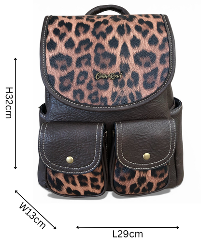 Cotton Road Backpack: BROWN PU Leather Backpack with ANIMAL Print detailing with dimentions