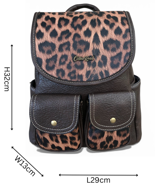 Cotton Road Backpack: BROWN PU Leather Backpack with ANIMAL Print detailing with dimentions