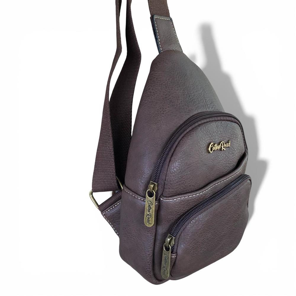 Cotton Road Backpack: BROWN PU Leather Cross Body Bag / Mini Backpack