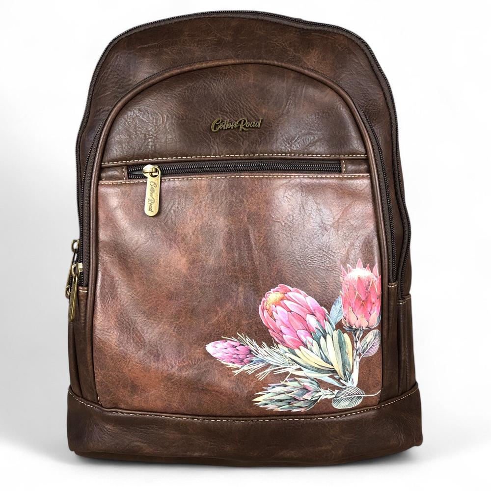 Cotton Road Backpack: COFFEE BROWN Cotton Road Backpack with PROTEA detailing