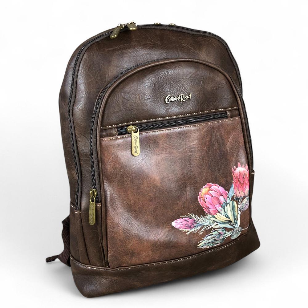 Cotton Road Backpack: COFFEE BROWN Cotton Road Backpack with PROTEA detailing