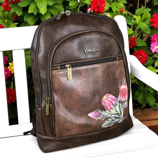 Cotton Road Backpack: COFFEE BROWN Cotton Road Backpack with PROTEA detailing