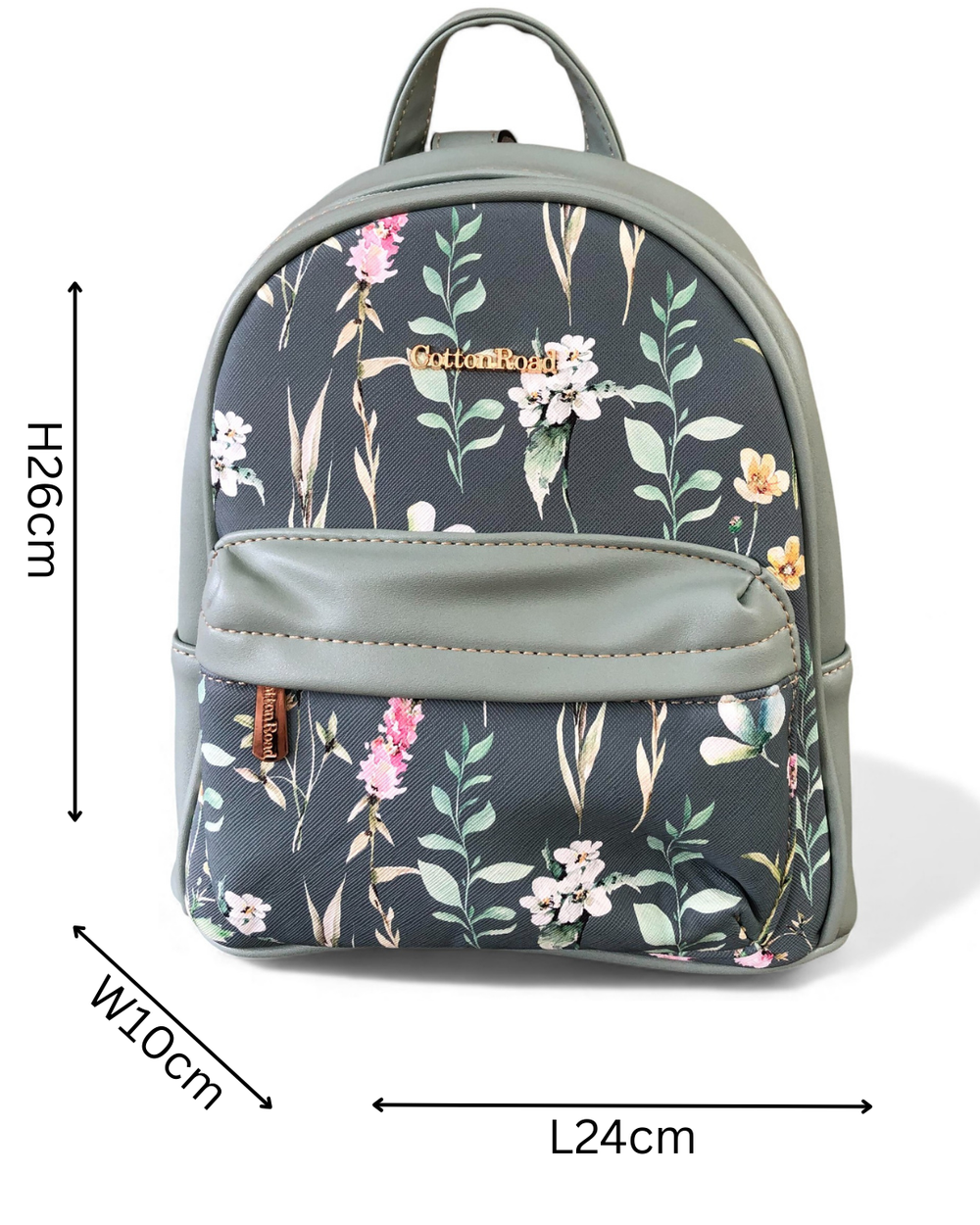 Cotton Road Backpack: GREEN PU Leather Mini Backpack with FLORAL Panel