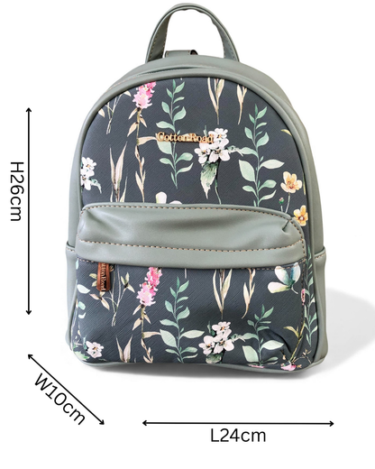 Cotton Road Backpack: GREEN PU Leather Mini Backpack with FLORAL Panel