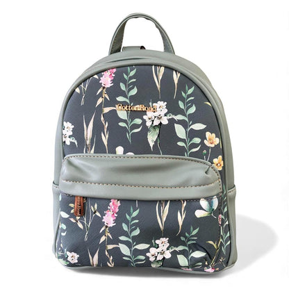Cotton Road Backpack: GREEN PU Leather Mini Backpack with FLORAL Panel
