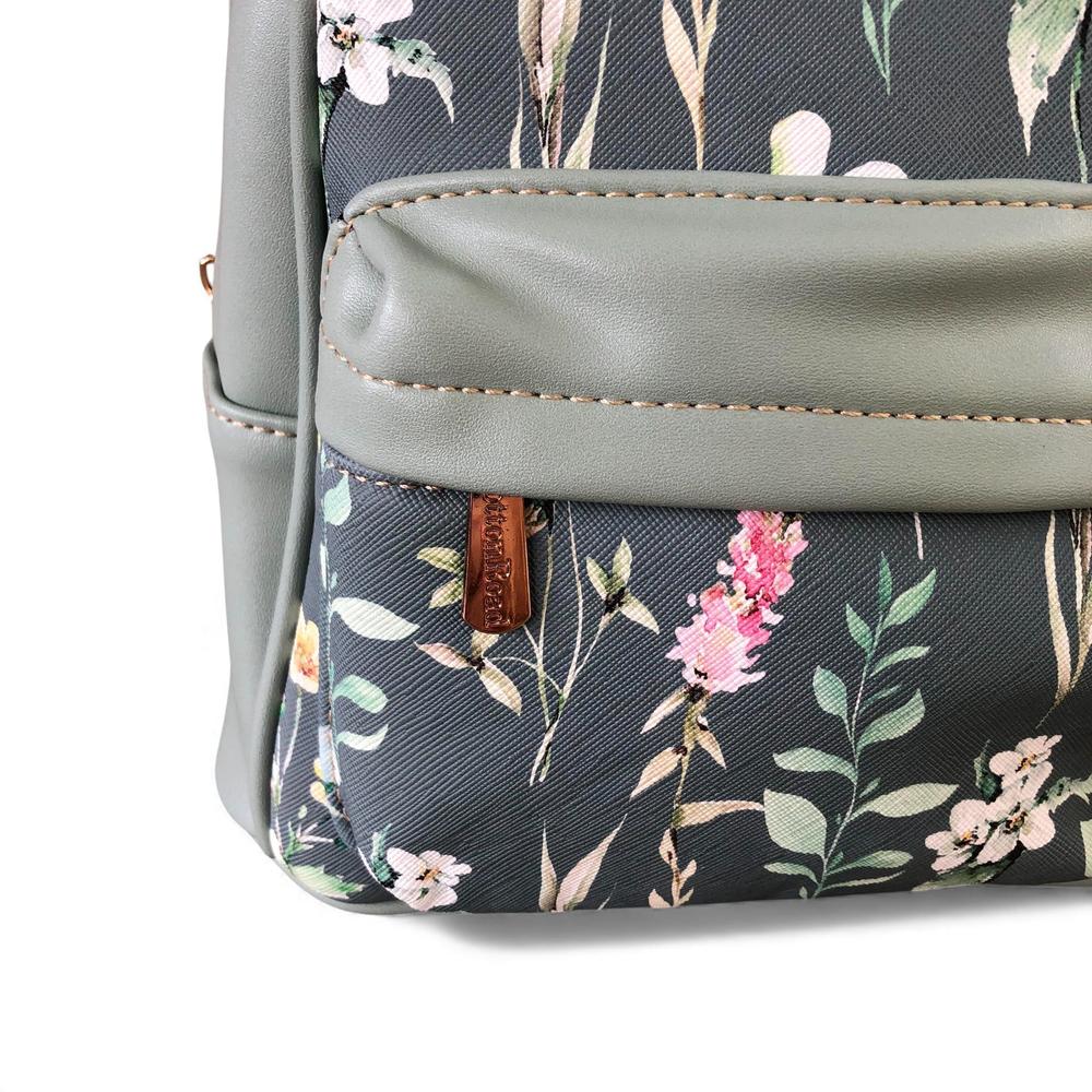 Cotton Road Backpack: GREEN PU Leather Mini Backpack with FLORAL Panel
