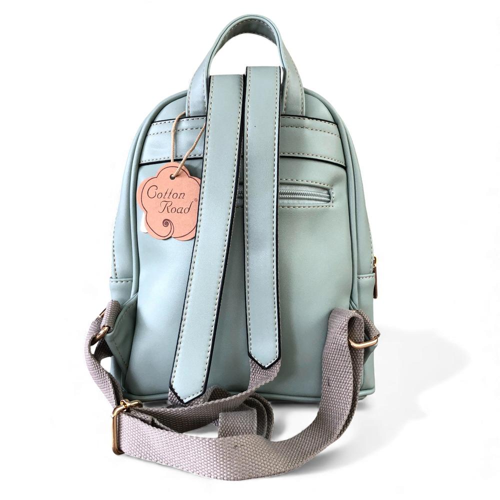 Cotton Road Backpack: GREEN PU Leather Mini Backpack with FLORAL Panel