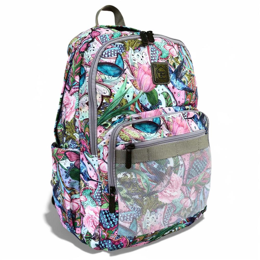 Cotton Road Backpack: PINK FLORAL Canvas Backpack with BUTTERFLIES
