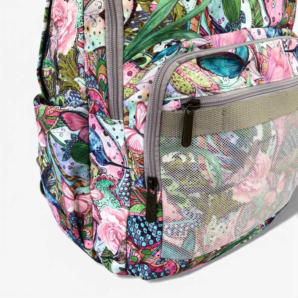 Cotton Road Backpack: PINK FLORAL Canvas Backpack with BUTTERFLIES CORNER