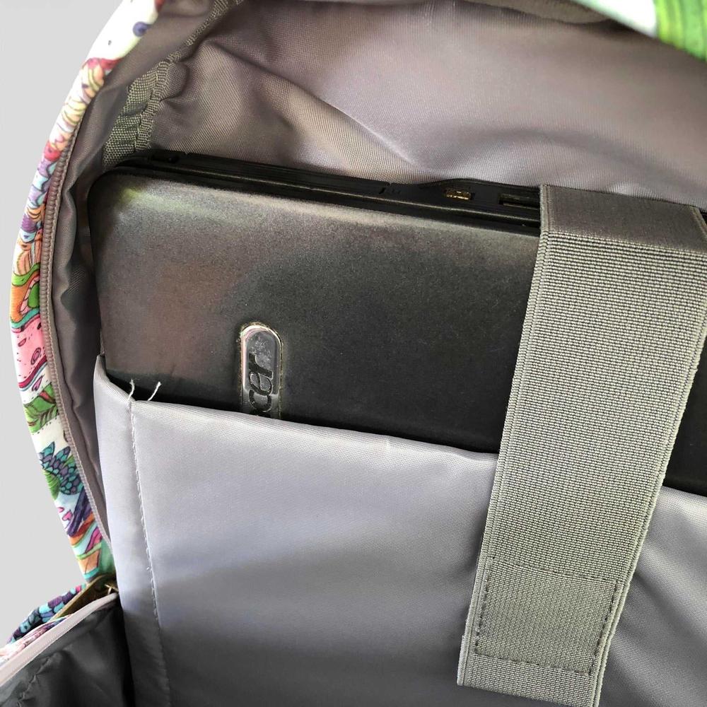 Cotton Road Backpack: PINK FLORAL Canvas Backpack with BUTTERFLIES WITH LAPTOP IN BAG