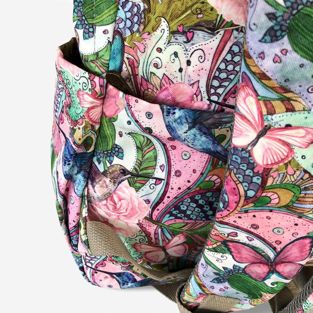 Cotton Road Backpack: PINK FLORAL Canvas Backpack with BUTTERFLIES NEAR VIEW