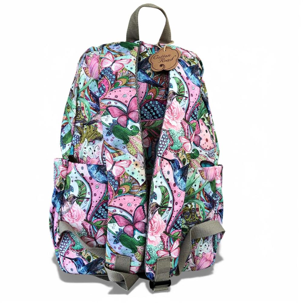 Cotton Road Backpack: PINK FLORAL Canvas Backpack with BUTTERFLIES REAR CARRY STRAPS