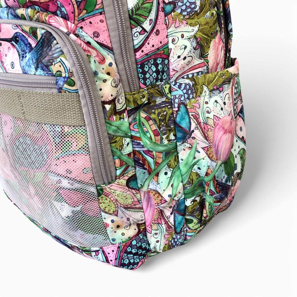 Cotton Road Backpack: PINK FLORAL Canvas Backpack with BUTTERFLIES ZOOM