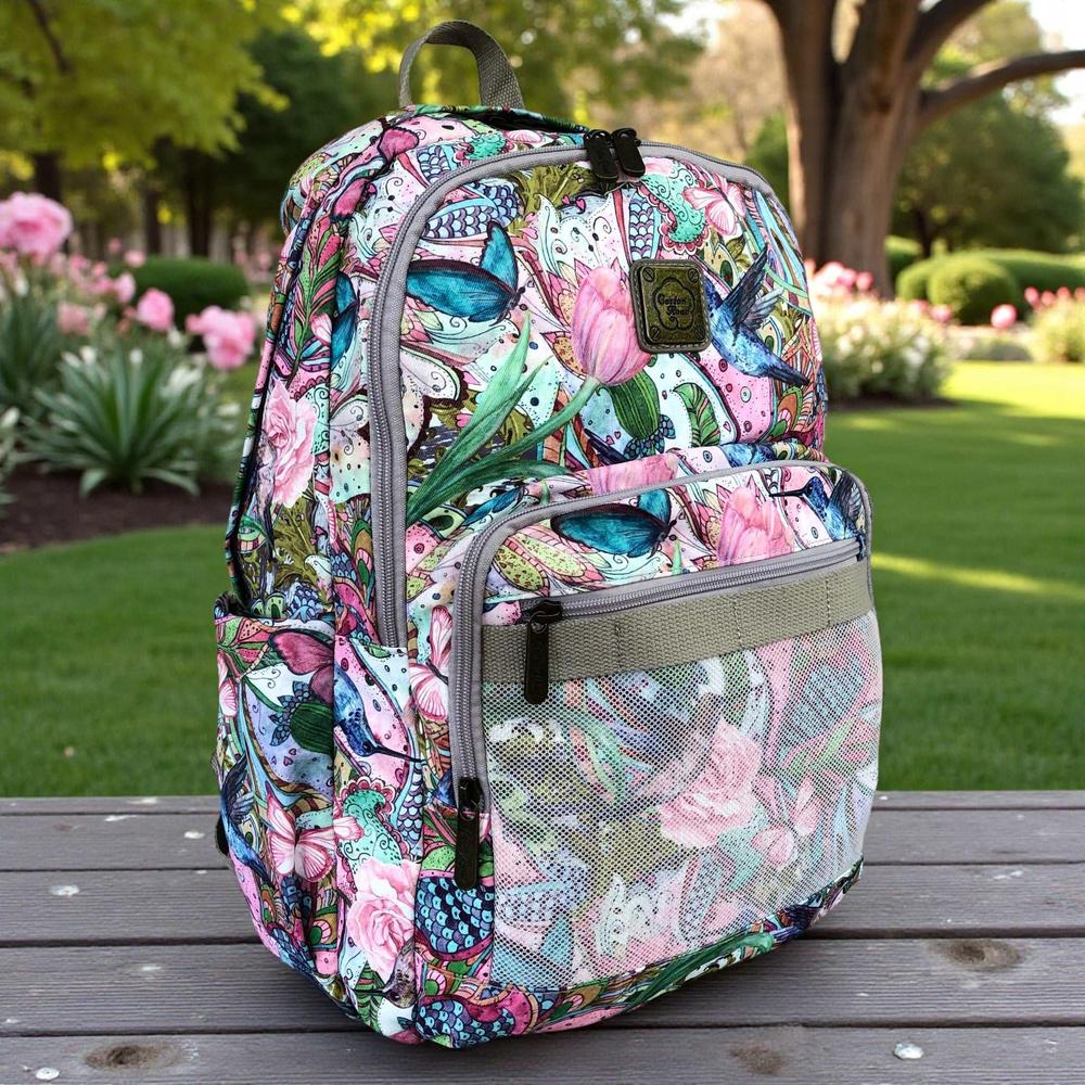 Cotton Road Backpack: PINK FLORAL Canvas Backpack with BUTTERFLIES IN GARDEN