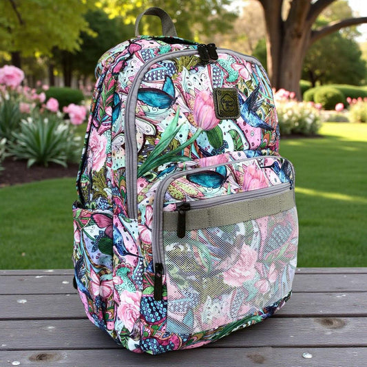 Cotton Road Backpack: PINK FLORAL Canvas Backpack with BUTTERFLIES IN GARDEN