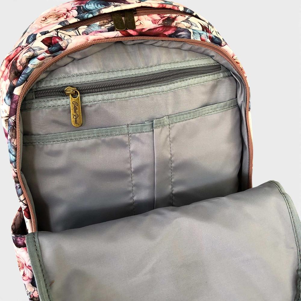 Cotton Road Backpack: PINK FLORAL Padded Canvas Backpack for 15'6" Laptop folded open